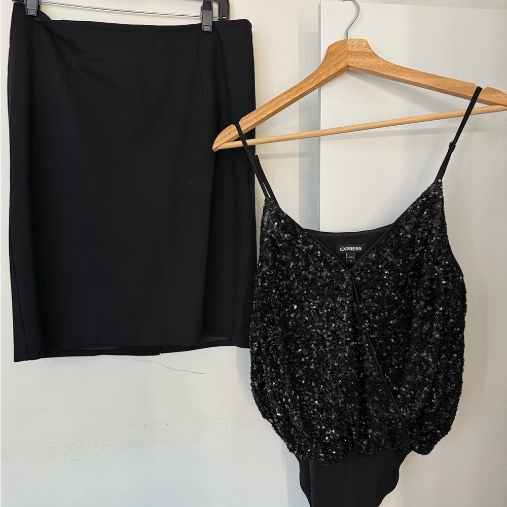 Sold as a set-Express Black Sequined top, Pencil Skirt by Mango